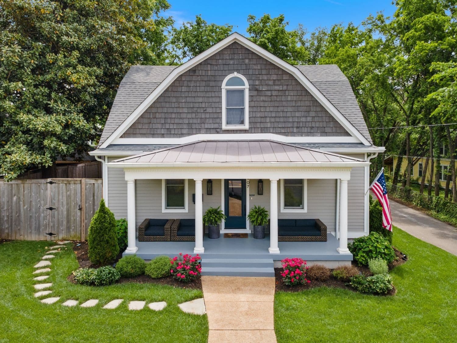 Historic Franklin, Tennessee home with gambrel roof and columned front porch